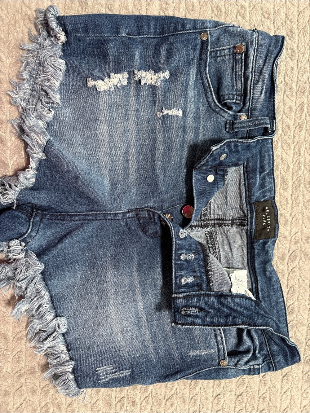 Celebrity Pink Distressed Dark Blue Frayed Hem Women's Denim Shorts 29”